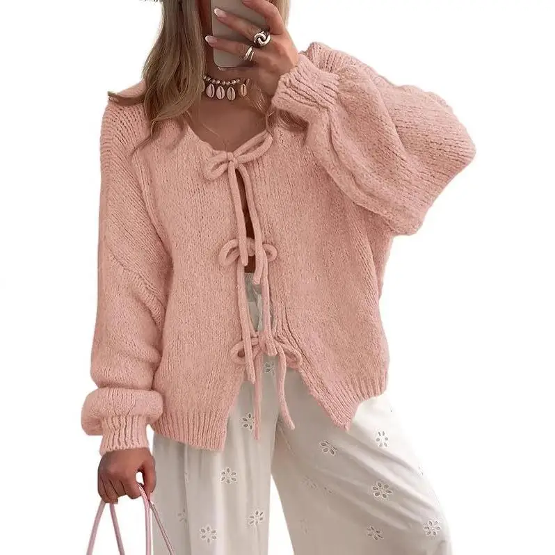 

Autumn Winter Open Cardigan round Ne Knitted Jaet with Belt Women's Simple Commute Sweater Dopne Color Sweet Sle
