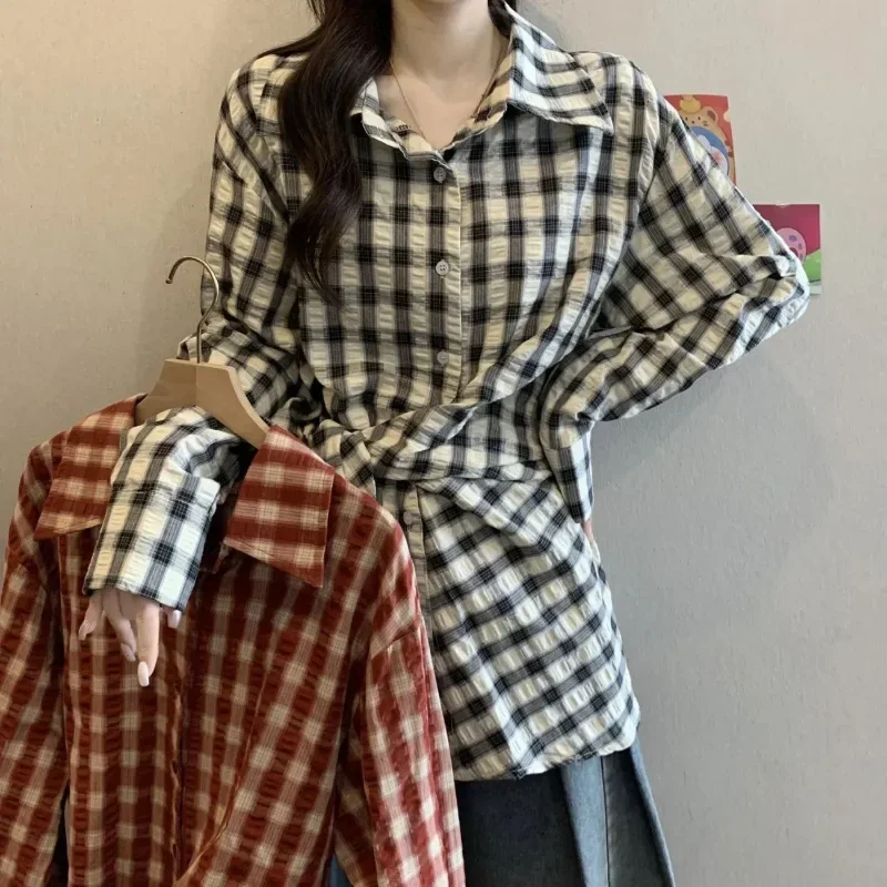 

Autumn New Waistband Lace-up Top Red Plaid Long-sleeved Shirt Women's