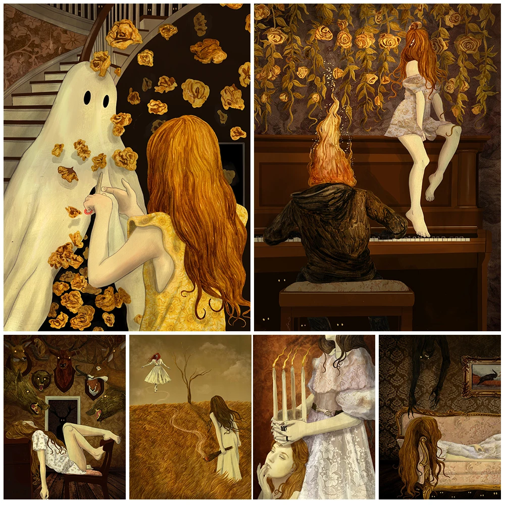 حكايات الساحرات خمر الرسم على لوحات القماش الجدارية الساحرات والورود الصفراء الرجعية المشارك والطباعة لغرفة المعيشة الديكور #1