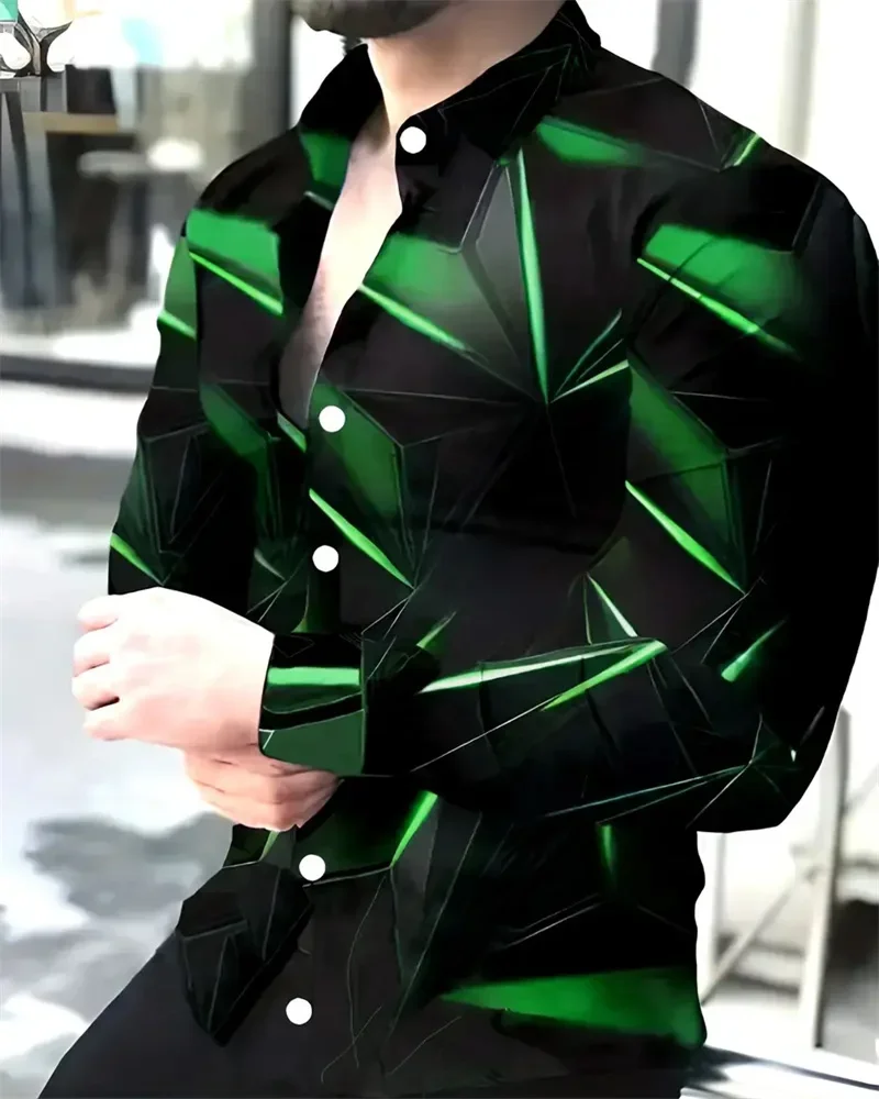 3D geometric printing men's casual button long sleeved shirt men's spring, summer, autumn top men's 6XL fashionable men's shirt