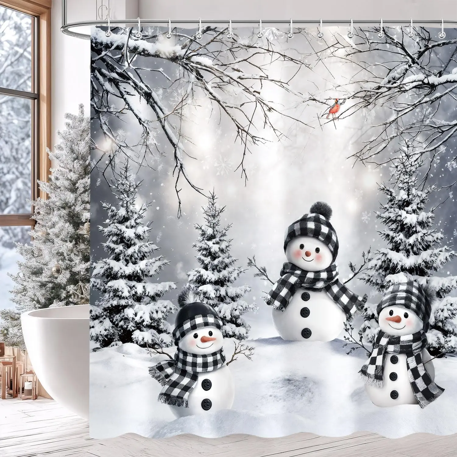 

Зимние рождественские занавески для душа для ванной комнаты, милый снеговик, сосна, фермерский дом, занавеска для душа, снежная снежинка, серый рождественский дом