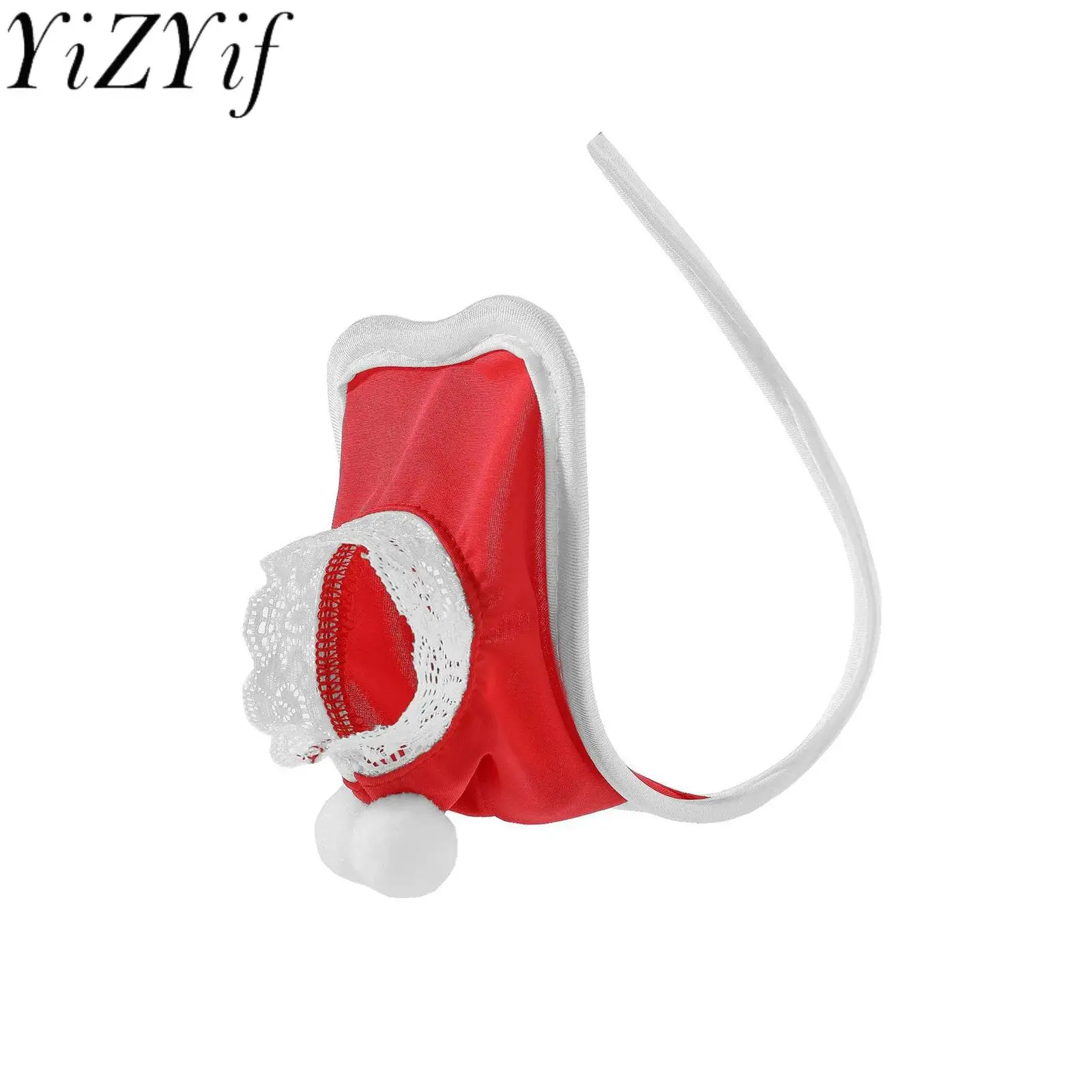 

Men Adult Christmas Role Play C-string Thongs Hollow-out Crotch Lace Trim Pompom Decor Thong Lingerie for Dating Night Underwear