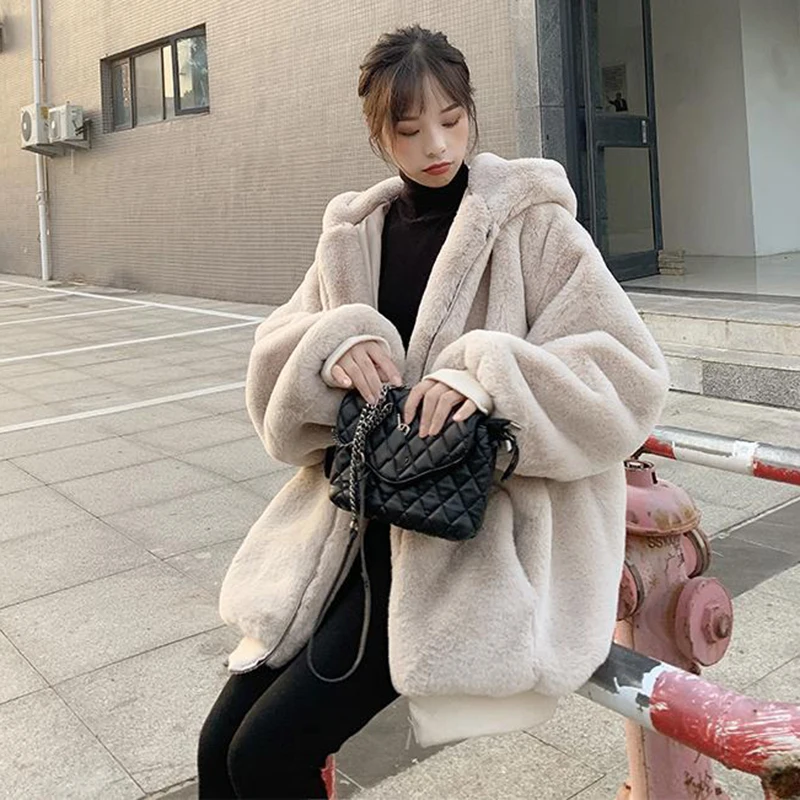 Lucyever Winter Women Faux Rabbit Fur Hooded Coat Casual Solid Color Warm Faux Fur Jacket Woman Fashion Zip Thick Furry Overcoat