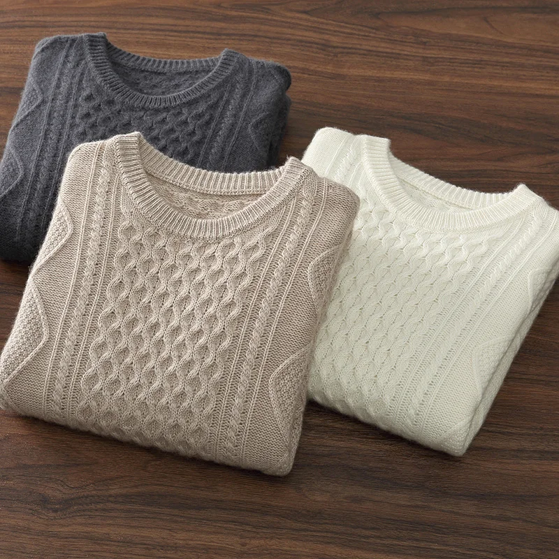 

Autumn Winter New Style Men's 100% Cashmere Jacquard Round Neck Thick Sweater Casual Loose Warm Comfortable Classic Knit Top