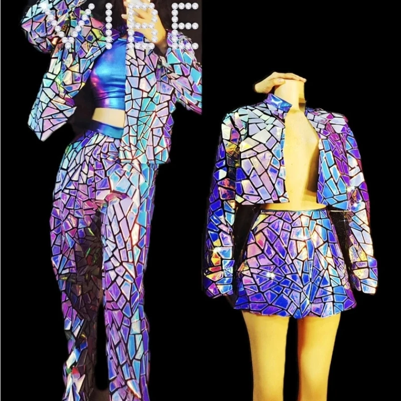 

Female Sequin Costume Stage Show Outfit Women Long Sleeve Purple Blue Mirror Fabric Dress Nightclub Singer Jazz Dance Clothing