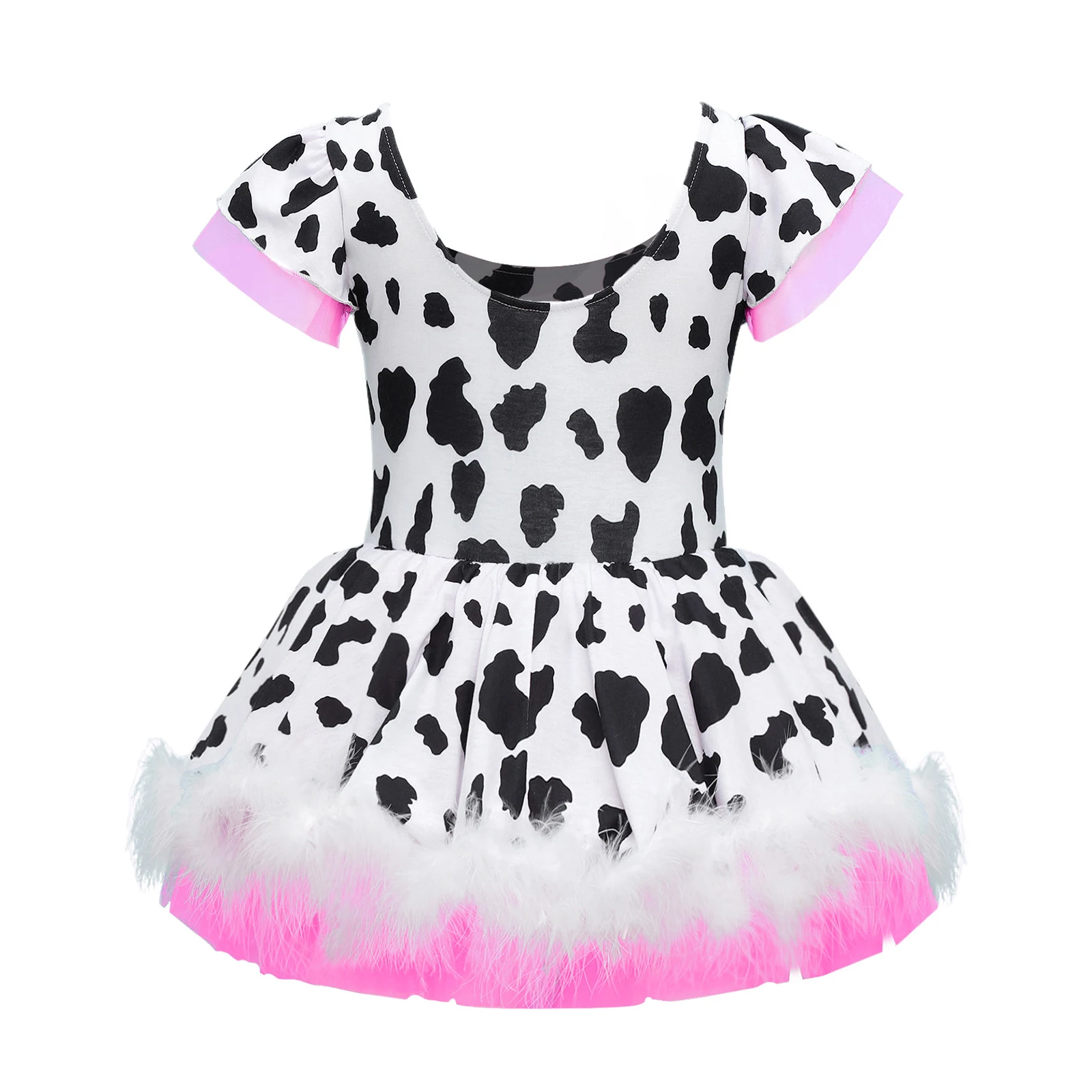 Kids Cowgirl Costume Girls Cow Prints Short Sleeve Plush Tutu Dress Leotard for Halloween Western Rodeo Dress Up Party Carnival