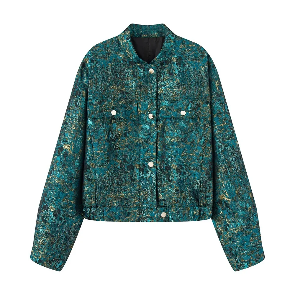 

BSK&TRAF2025metallic color line texture long-sleeved jacket niche temperament casual short jacket women's clothing