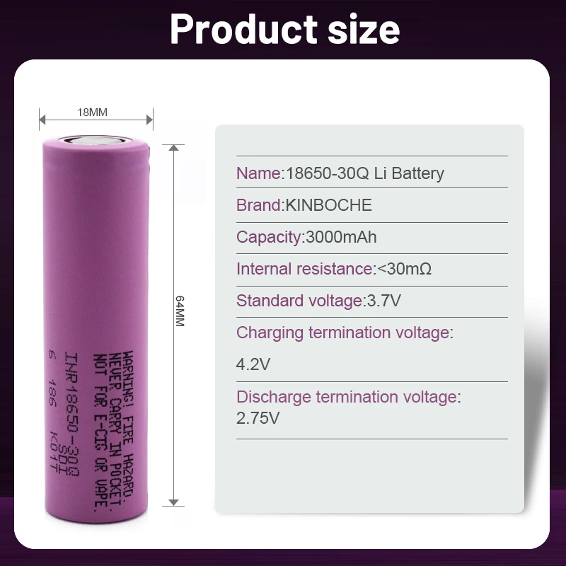 18650 lithium-ion rechargeable battery, 30q, 3.7V, 3000mAh, 10A discharge, suitable for electric tool assembly batteries