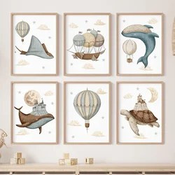 Whale Turtle Castle Balloon Nordic Nursery Wall Art Posters Art Prints Canvas Painting  Pictures Baby Kids Room Home Decoration