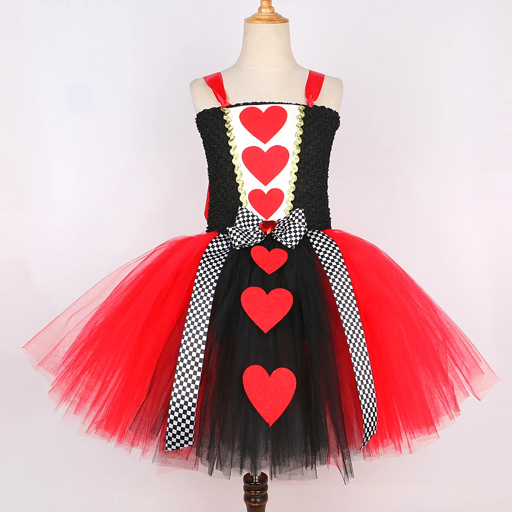 Disney Red Queen of Hearts Costumes Girls Alice in Wonderland Fancy Dress Kids Carnival Halloween Outfit with Crown Magic Stick