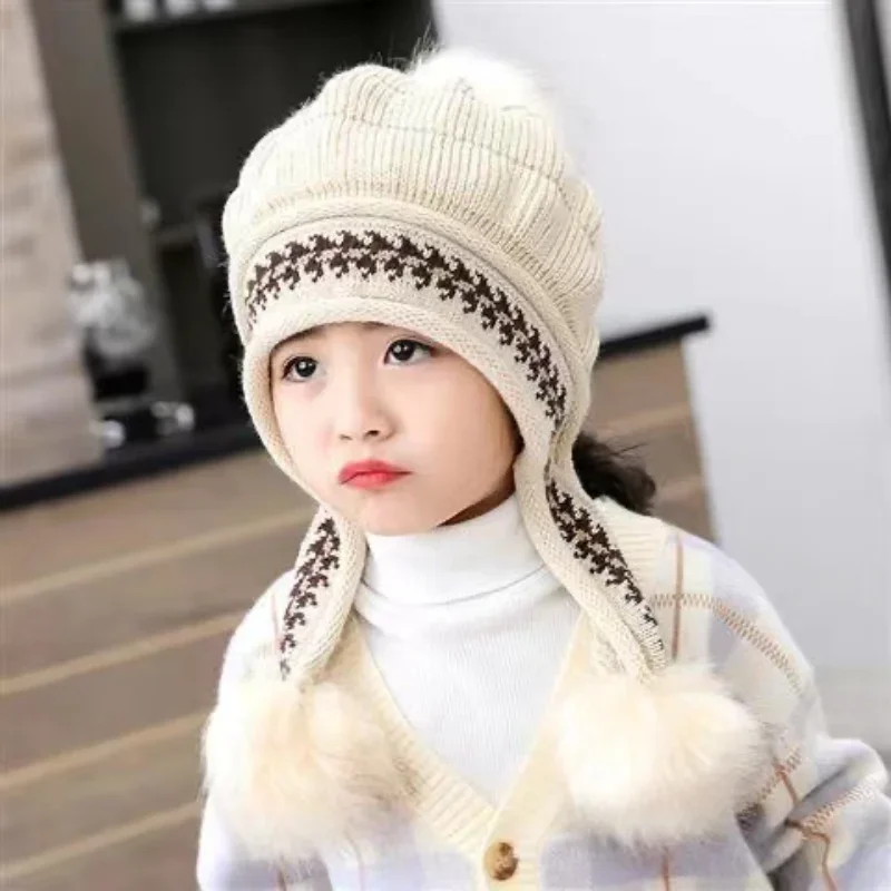 Children Hats Cute Girls Princess Hat Winter Velvet Warm Ear Protection Hats Woolen Hat Baby Knitted Hats Кепка Gorros Para Bebé