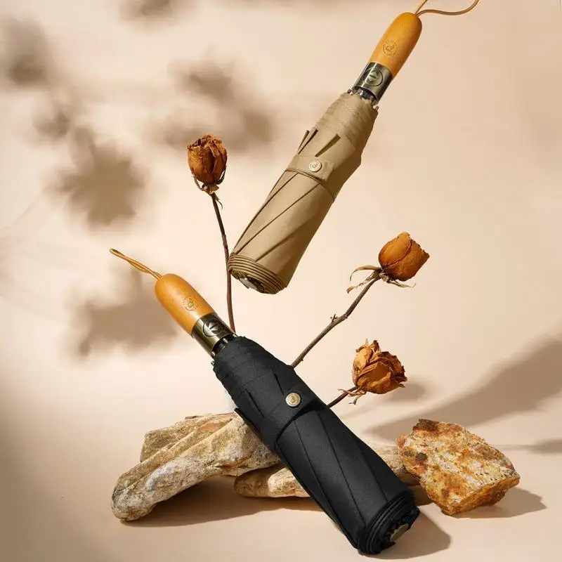 

Business Men's Solid Wood Handle Fully Automatic Folding Umbrella Gift Umbrella Sturdy Wind-resistant Three-fold Sun Umbrella