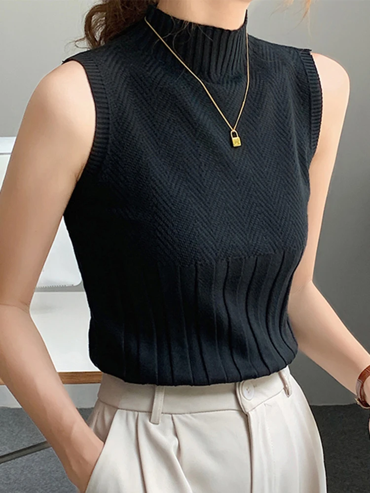 Korea Knitted Vests Women Top Turtleneck  Solid Tank Blusas Y2K 2024 Summer New Fashion Female Sleeveless Casual Thin Tops