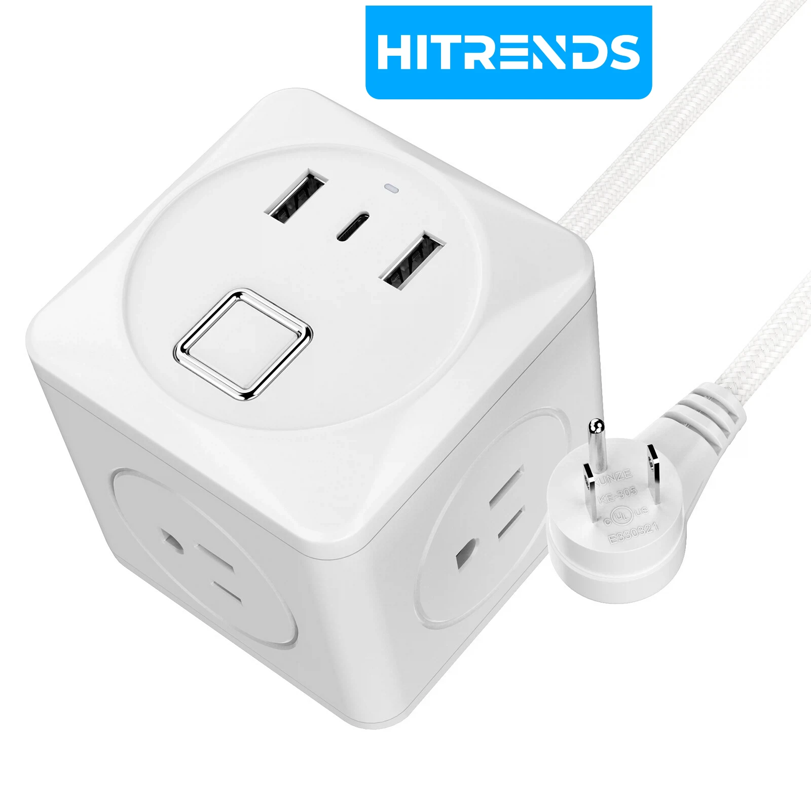 HITRENDS 3-Outlet Cube Power Strip with 3 USB (1 USB-C), 1.8m Braided Flat Plug Cord – Compact for Travel Home Office Cruise