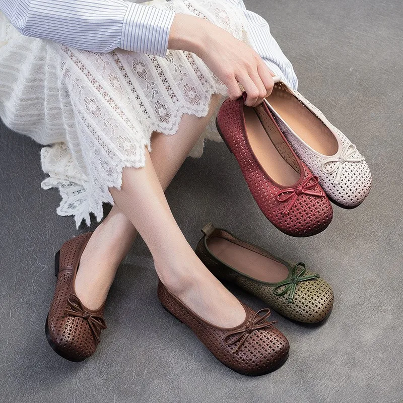 

GKTINOO 2025 Summer New Retro Bow Flats Soft Soled Comfortable Shallow Hollow-out Breathable Casual Women's Shoes