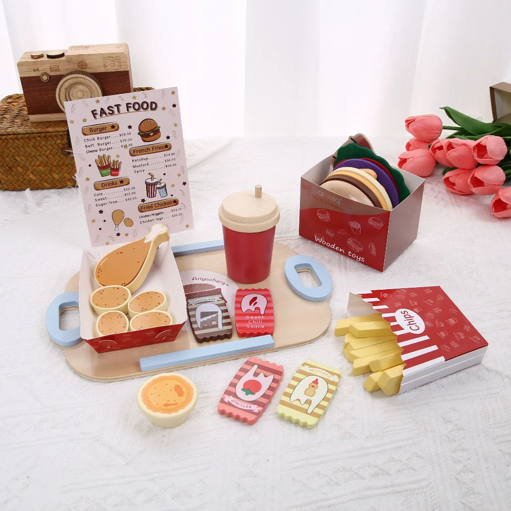 Holz Kinder Küche Spielzeug Puzzle Simulation Burger Restaurant Lebensmittel Puppenhaus Zubehör Mädchen Spielzeug