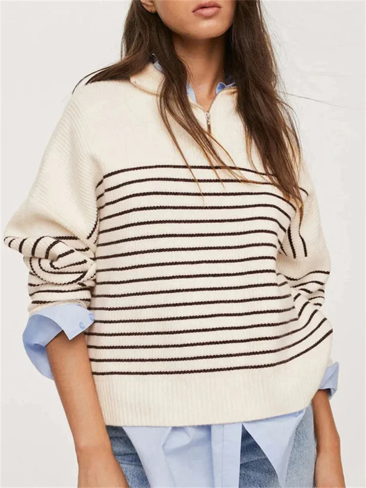 Women Stripe Baggy Knitted Sweater Female Jumper Long Sleeve Zip Up Knitting Tops Pullovers Streetwear Autumn Winter Knit Sweate