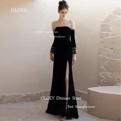 OLOEY France Elegant Black Evening Dresses O-Neck Ankle-Length Wedding Party Dresses Beading Pearls Satin High Slit Prom Gowns