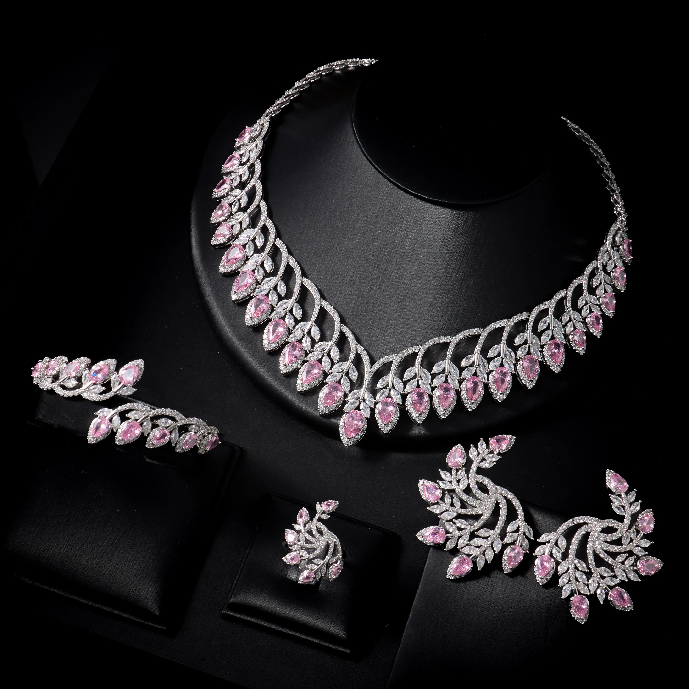 00083 Luxury Leaf Marquise Cubic Zirconia 4Pcs Jewelry Set For Women Silver Plated Full Diamond Necklace Earrings Bracelet Ring