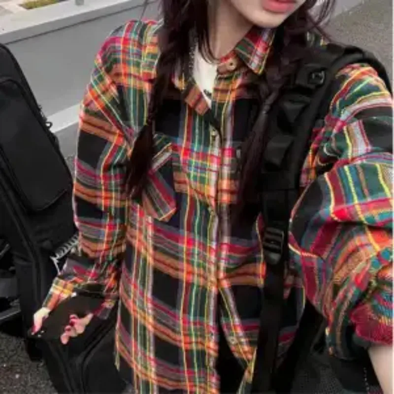 

Женское винтажное клетчатое пальто с воротником-поло в корейском стиле, свободная рубашка средней длины с длинными рукавами на весну