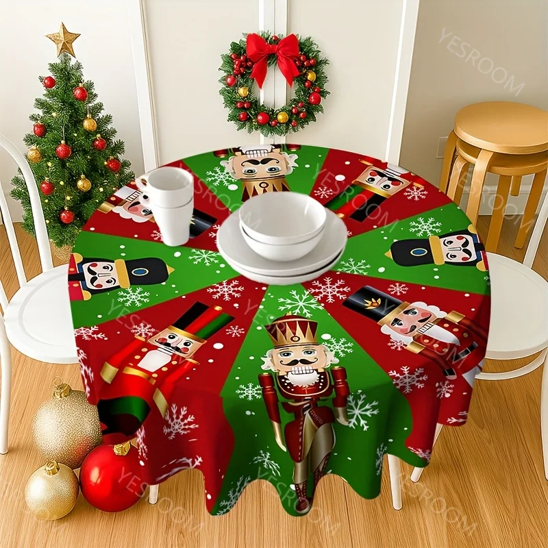 1 red and green color scheme Nutcracker Christmas round table cloth decorated with the classic Nutcracker soldier pattern