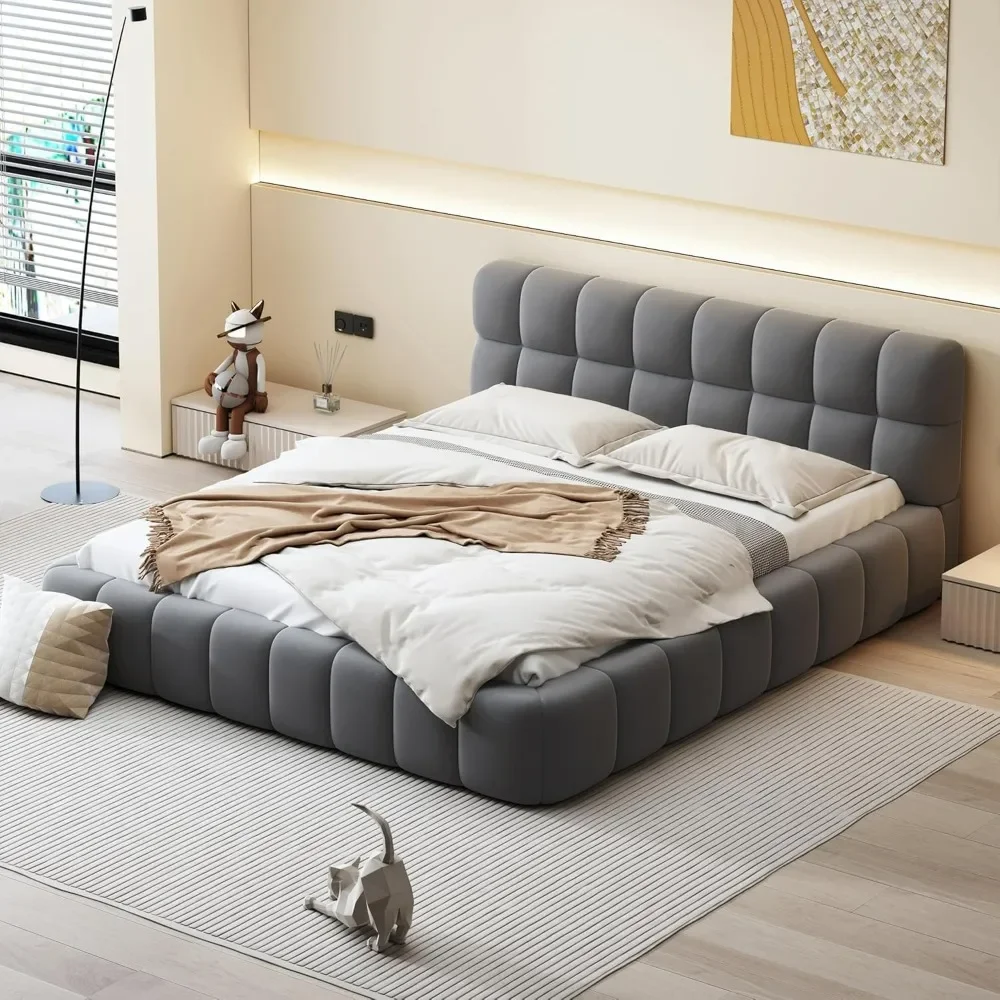 

Modern Tufted Plattform Bed Queen Linen Floor Bed Frame with Wingback, No Box Spring Needed, Easy To Assembly, Queen Beds