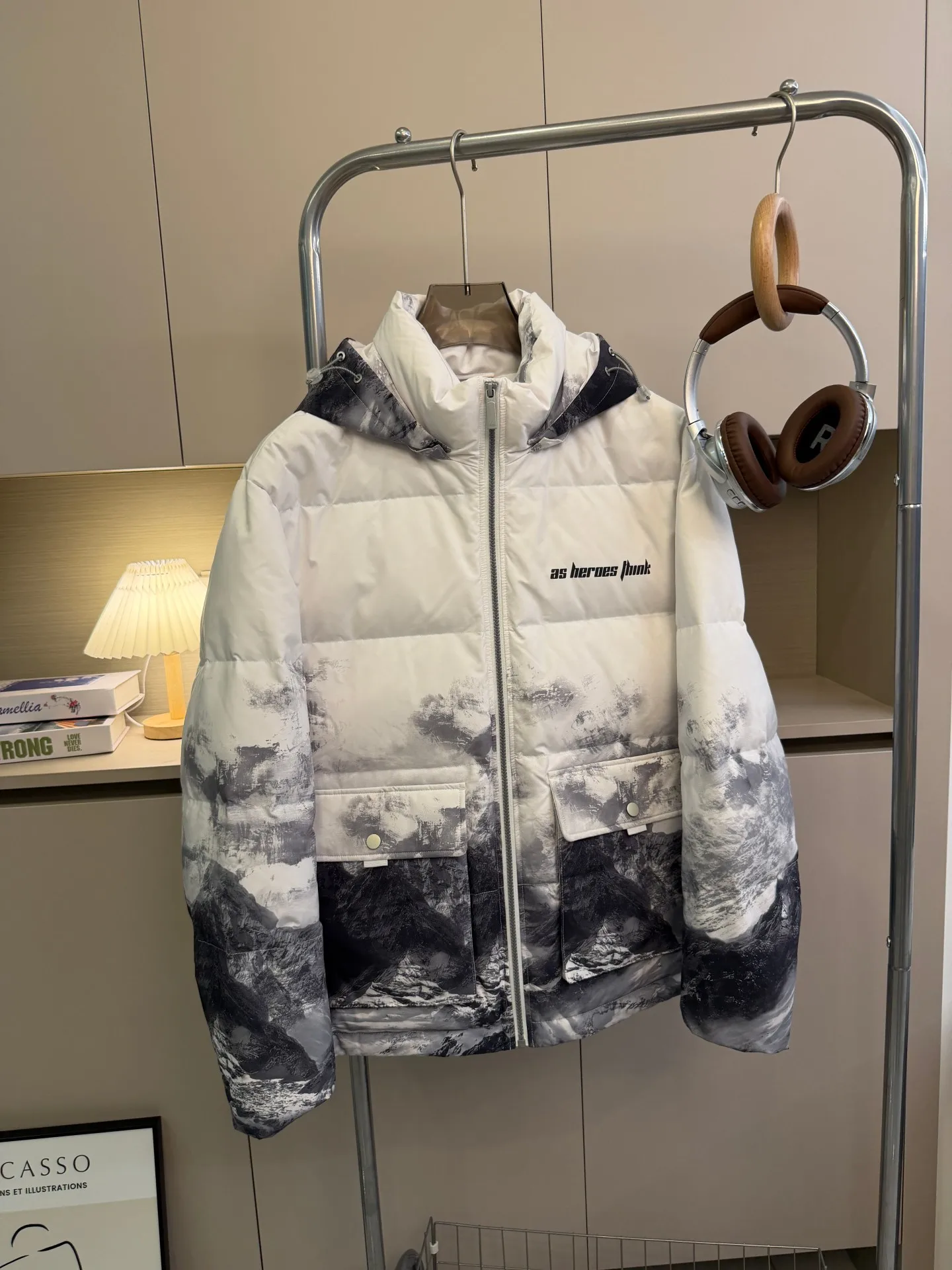 

High Loosen 90 Du down Hooded Casual Warm Men's Puffer Jaet Autumn Winter Faionable Printed Coat Thiened Long Sve