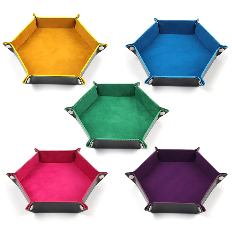 Foldable Dice Tray Box PU Leather Flannel Dice Game Plate Hexagon Folding Tray Home Desktop Decoration Coin Key Storage Tray