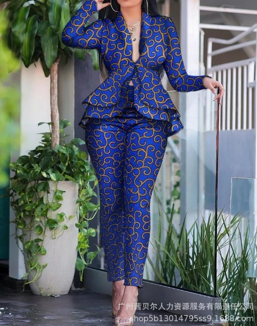 Mature Style Formal Attire Temperament Two-Piece Set with Ruffle Edge Long Sleeved Top, High Waisted Tight Pants, Printed Set