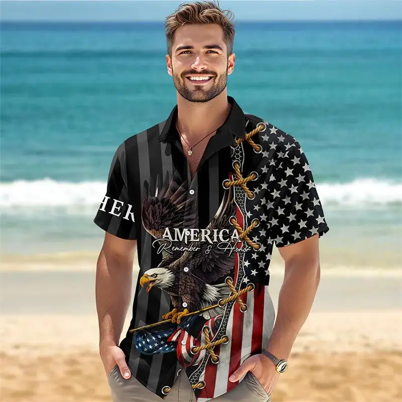 Personalized America Independence Day Hawaiian Women Men's Shirts Eagle Flag Firework Print Vacation Beach Casual Tops Clothes