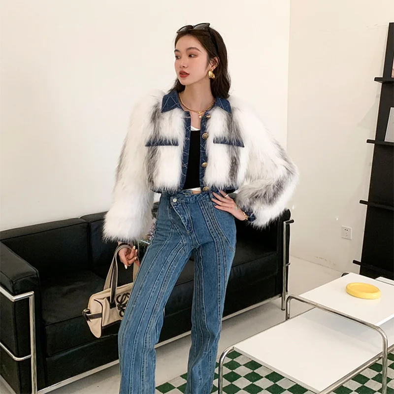 2023 Luxury Fashion Denim Stitching Fox Fur Coat for Women Short Winter Warm Contrast Weaving Single Breasted Sexy Real Fur Jack