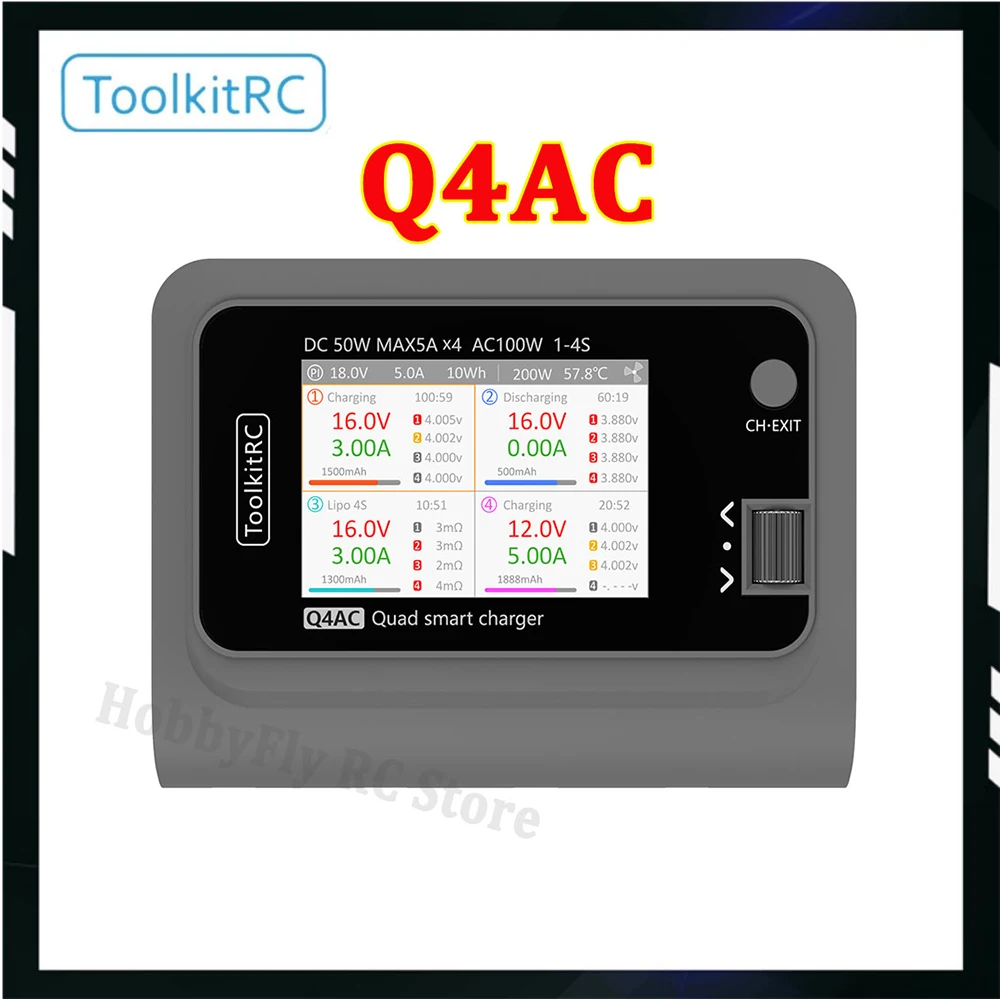 ToolkitRC Q4AC 4x50w 5A 1-4S AC 100W 4 Ports XT60 DC Smart Charger 32 Bit ARM IPS Bright Clear Wide Angle Display for RC FPV