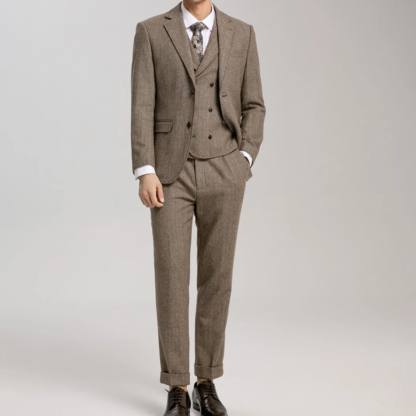 Wedding Groom Suit Men's Autumn and Winter New Retro Brown Herringbone Wool Suit Three-Piece Suit