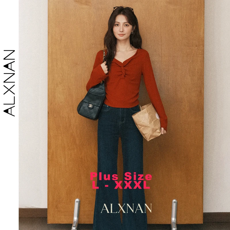 

ALXNAN Plus Size Red T-shirt Vintage V-neck Pleated Waist Slim-fit Women Cotton T-shirts Office Lady Long Sleeve Tees D13129
