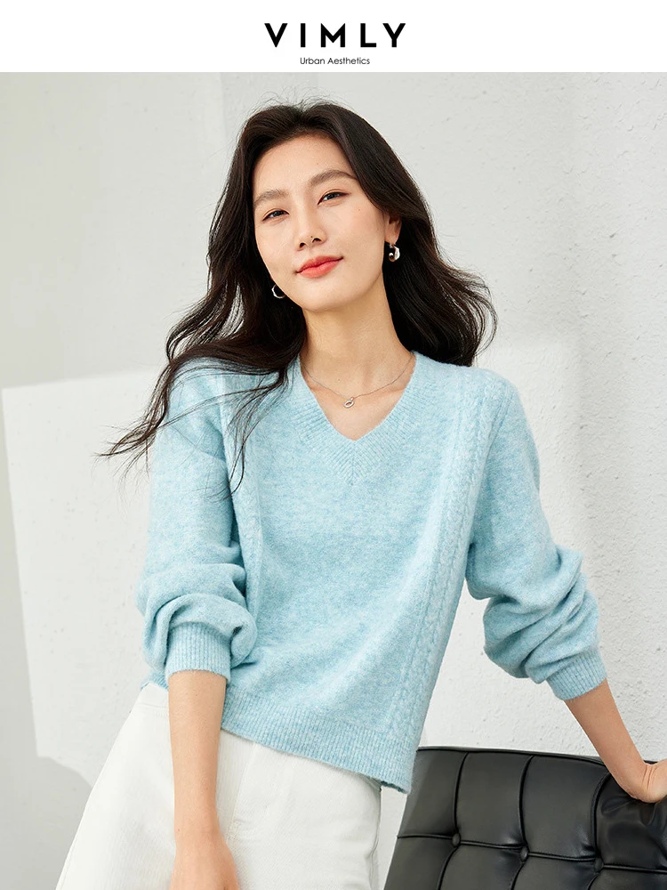 Vimly New Blue Knit Pullovers Women\'s Knitted Sweater 2024 Spring Jumper Knitwears Loose Lantern Sleeve Tops Female Jersey 72358