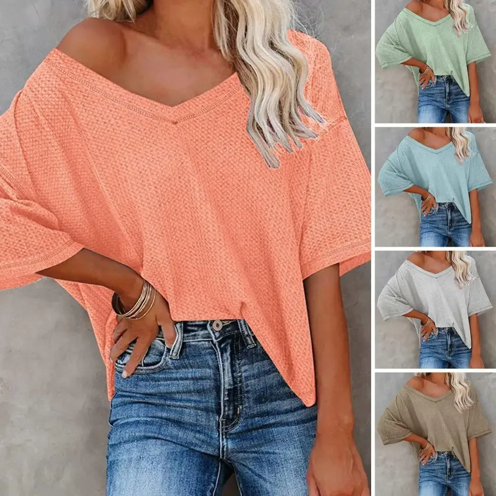 

V neck Batwing Short Sleeve Women Tops Waffle Texture Hem Thin Summer Solid Color Loose T shirt Streetwear