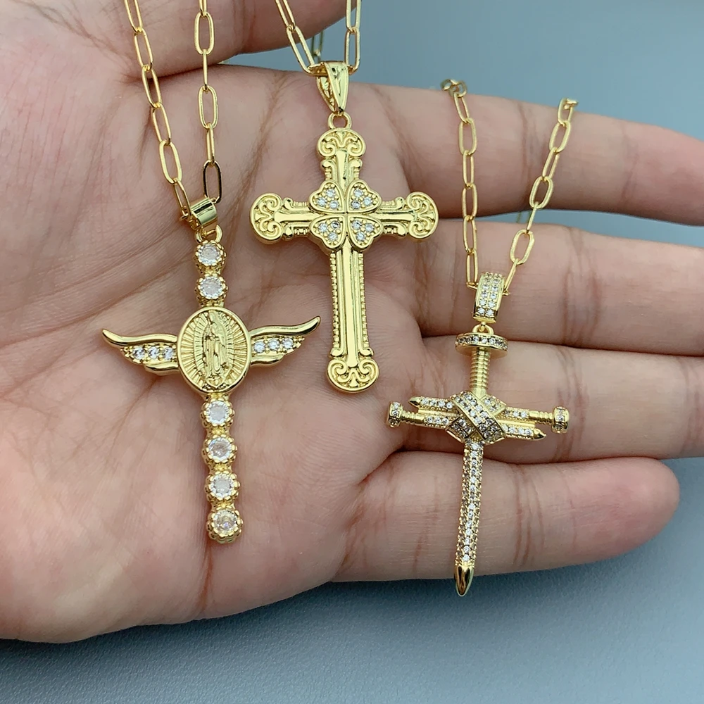 

New Inlay Zircon Guadalupe Cross Pendant Necklaces For Women Trendy Classic Gold Plated Cross Religious Neck Chain Jewelry