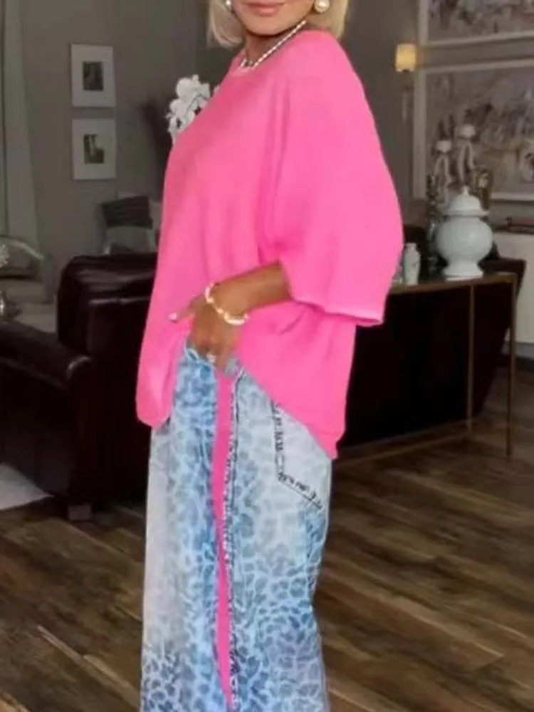 Women's Summer Fashion Batwing Sleeve Top Gradient Leopard Wide Leg Pants Set 2026 Vestidos Casual Loose Leopard Print Suit
