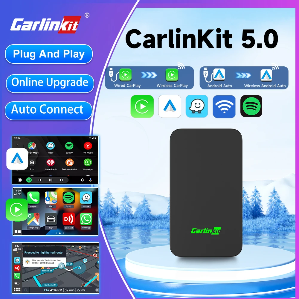 2 In 1 Wireless Android Auto CarPlay Smart AI Box 5Ghz WiFI BT Auto Connect Online Upgrade Easy Setup CarlinKit 4.0 &CarlinKit 5