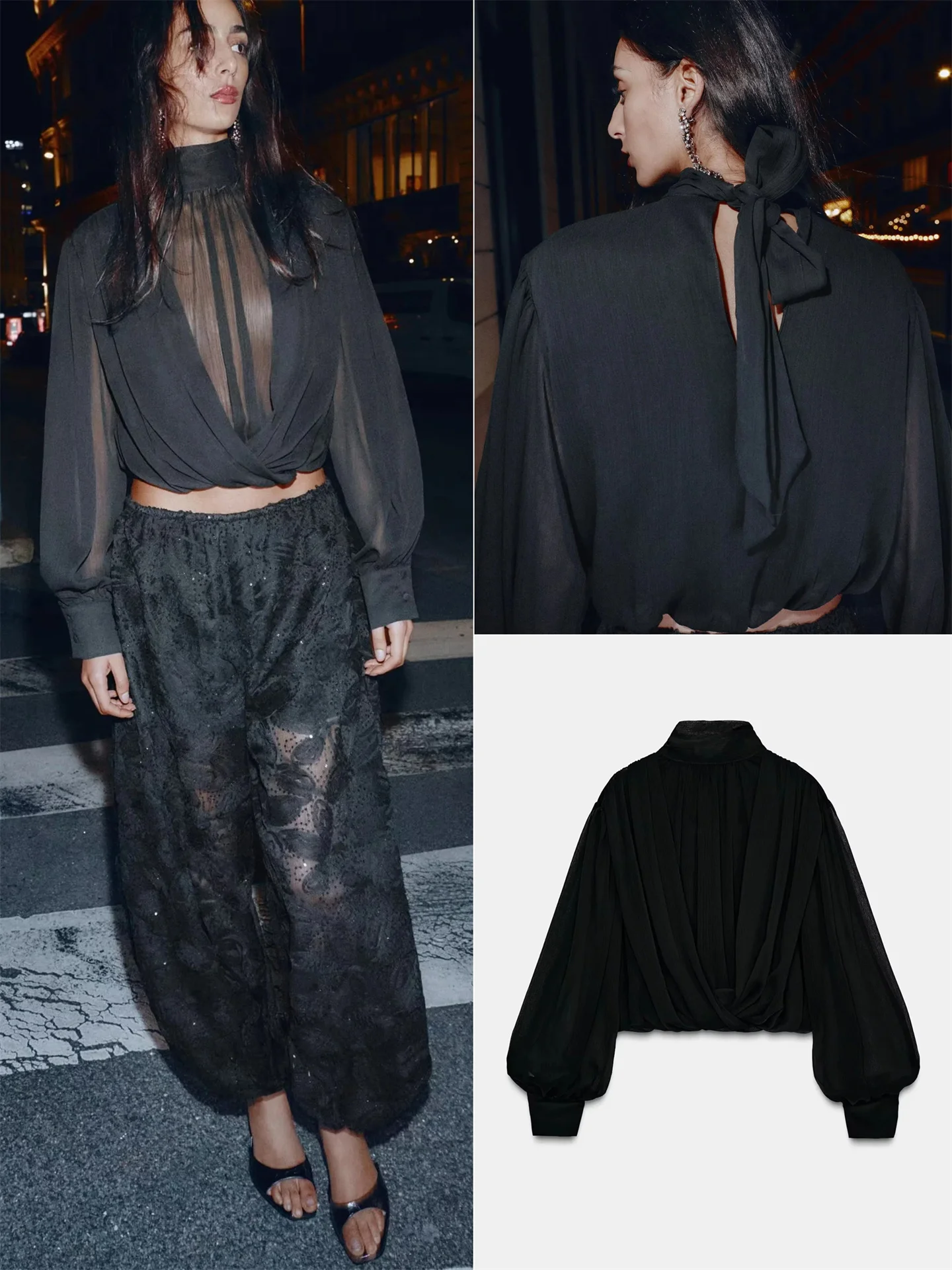 Inverno nova chegada feminina design fraionable gola ort balão irt semi transparente plissado casual sle solto ajuste