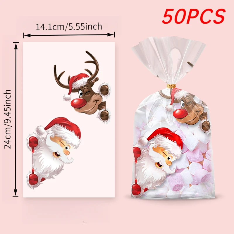 50 Stück wiederverwendbare Weihnachtsgeschenktüten mit goldenem Band – Muster für Weihnachtsmann/Rentier/Bäume/Holly/Süßigkeitstangen, für Weihnachten – Detail 1