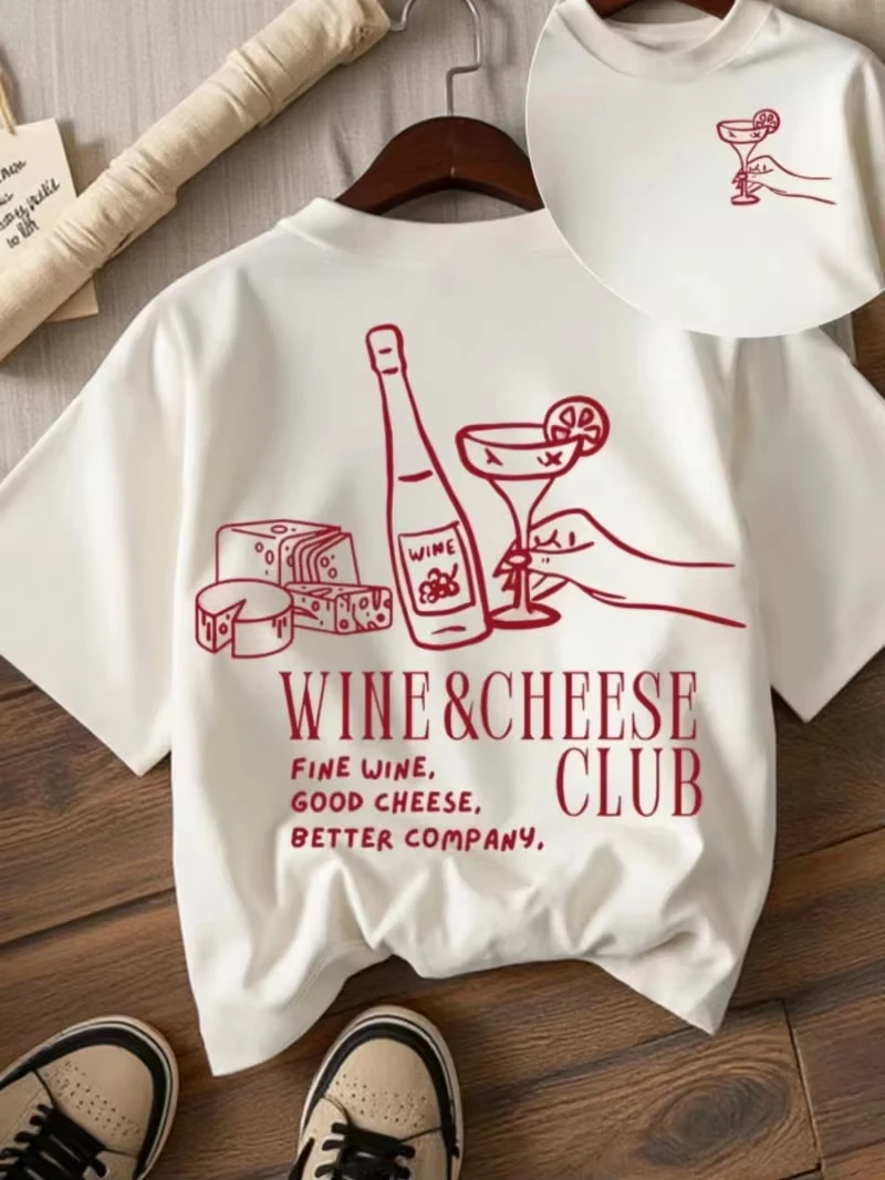 VINO Wine Food T Shirt Women Cotton Double Sided Graphic Printed Short Sleeve Round Neck Streetwear Tee Summer 2026 Hot Sale