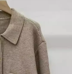 2024 autunno e inverno donna risvolto maglione grigio Cardigan manica lunga lavorato a maglia monopetto tasca elegante top