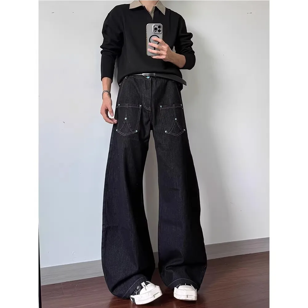 

American Style Turquoise Studded Oversized Black Genuine Leather Scimitar Men's Slightly Flared Jeans Cleanfit Straight Pants