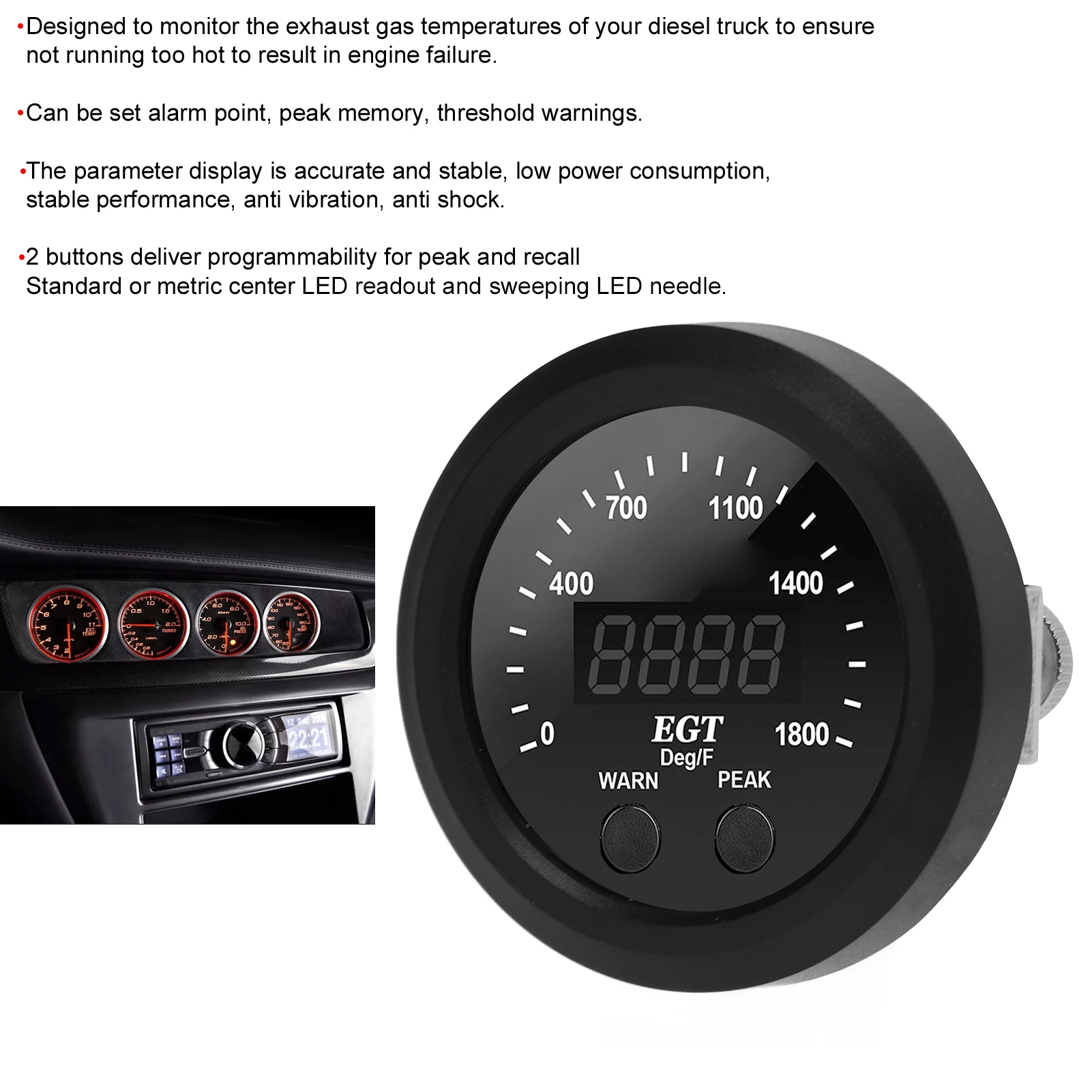 Car Exhaust Gas Temperature Gauge 2‑1/16in 52mm Ultra Thin 0‑1800℉ Red LED  with Sensor EGT Display EGT Gauge