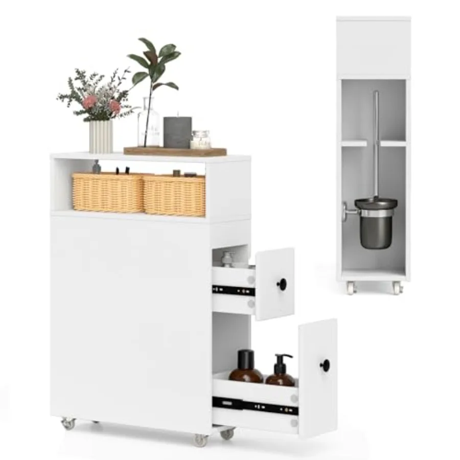 

Small Bathroom Storage Cabinet - Slim Organizer with Wheels, 2 Drawers, 2 Baskets, Brush Holder, Over The Toilet Storage for Sk