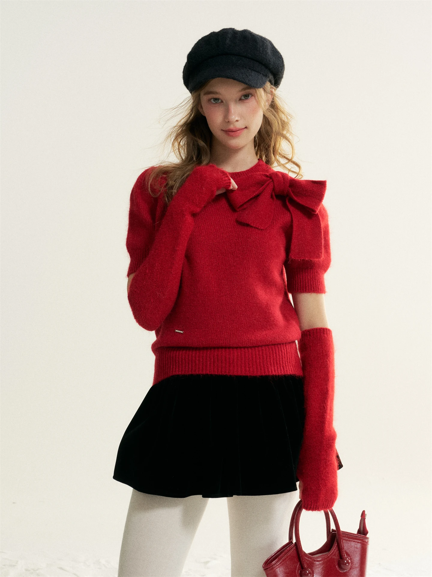 

Мягкий вязаный свитер с короткими рукавами-фонариками для женщин, повседневный, модный, с узлами, круглый вырез, укороченная длина