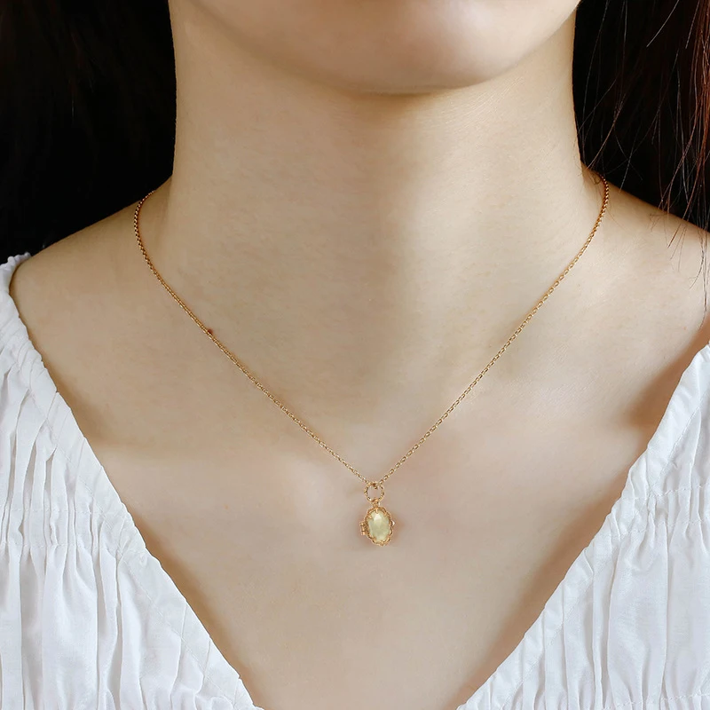 LAMOON Vintage Bijou Natrual Gemstone Prehnite Necklace For Women Box Pendant 925 Sterling Silver Gold Plated Fine Jewelry Gift