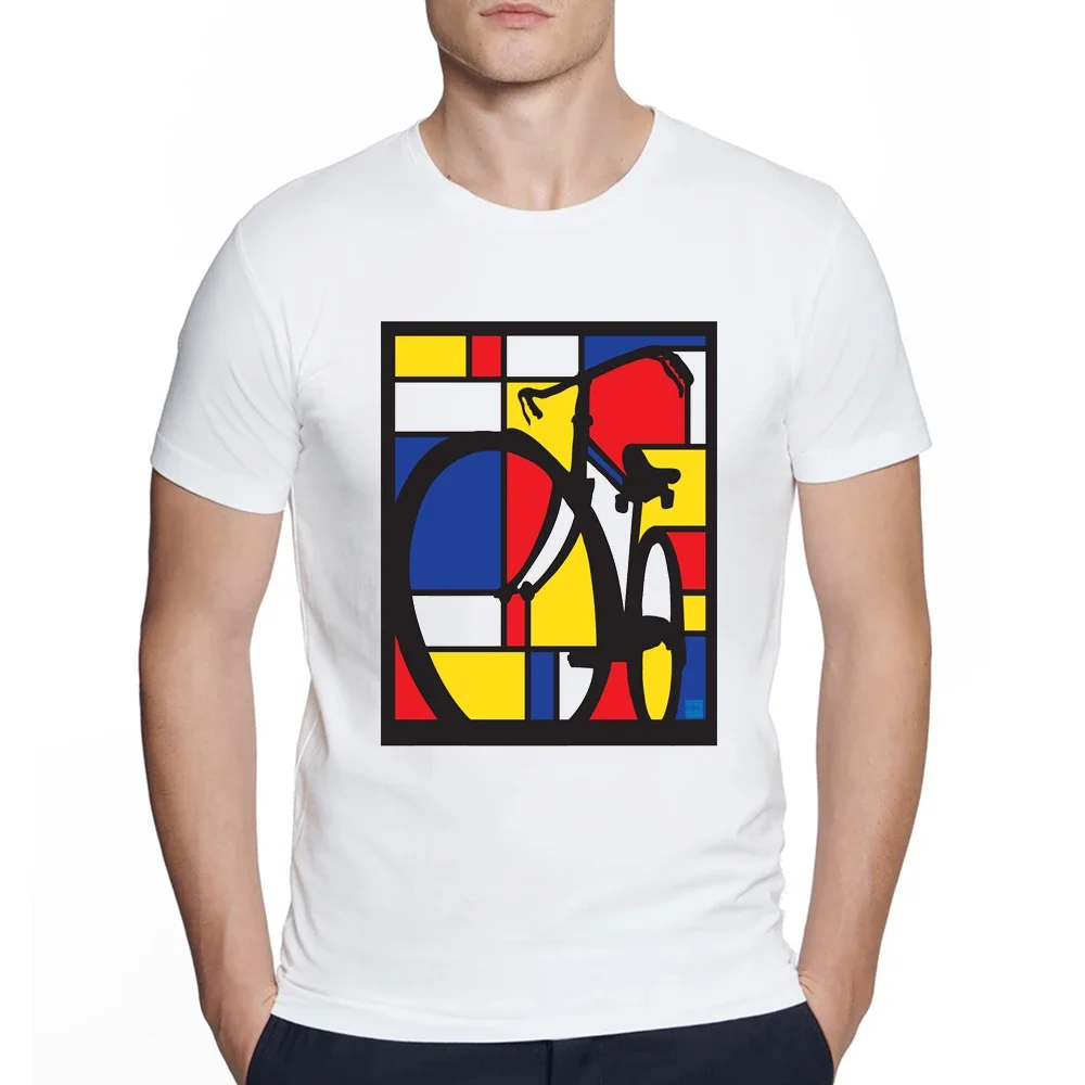 New Summer Fashion Men Short Sleeve Mondrian Bicycle Art Print T-Shirt Road Bike Print White Casual Tops Boy Tees