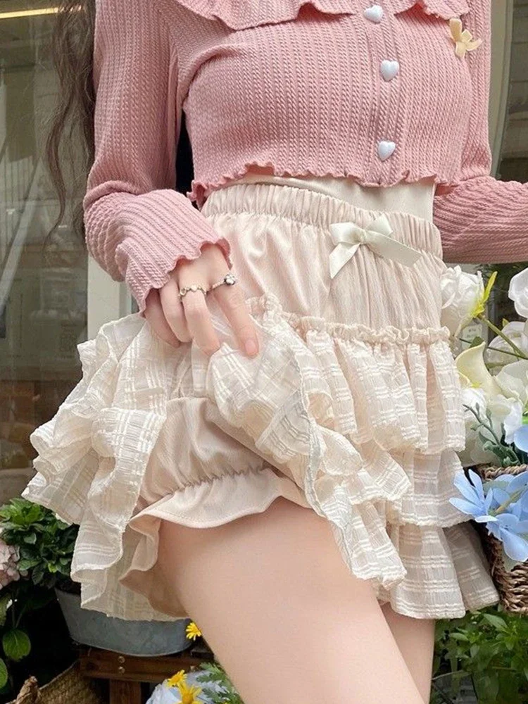 Kawaii Ruffles Bow Sweet Skirts Women Y2k High Waist Cute Japanese Mini Shorts Skirt Fashion Preppy Style Lady Ball Gown Faldas